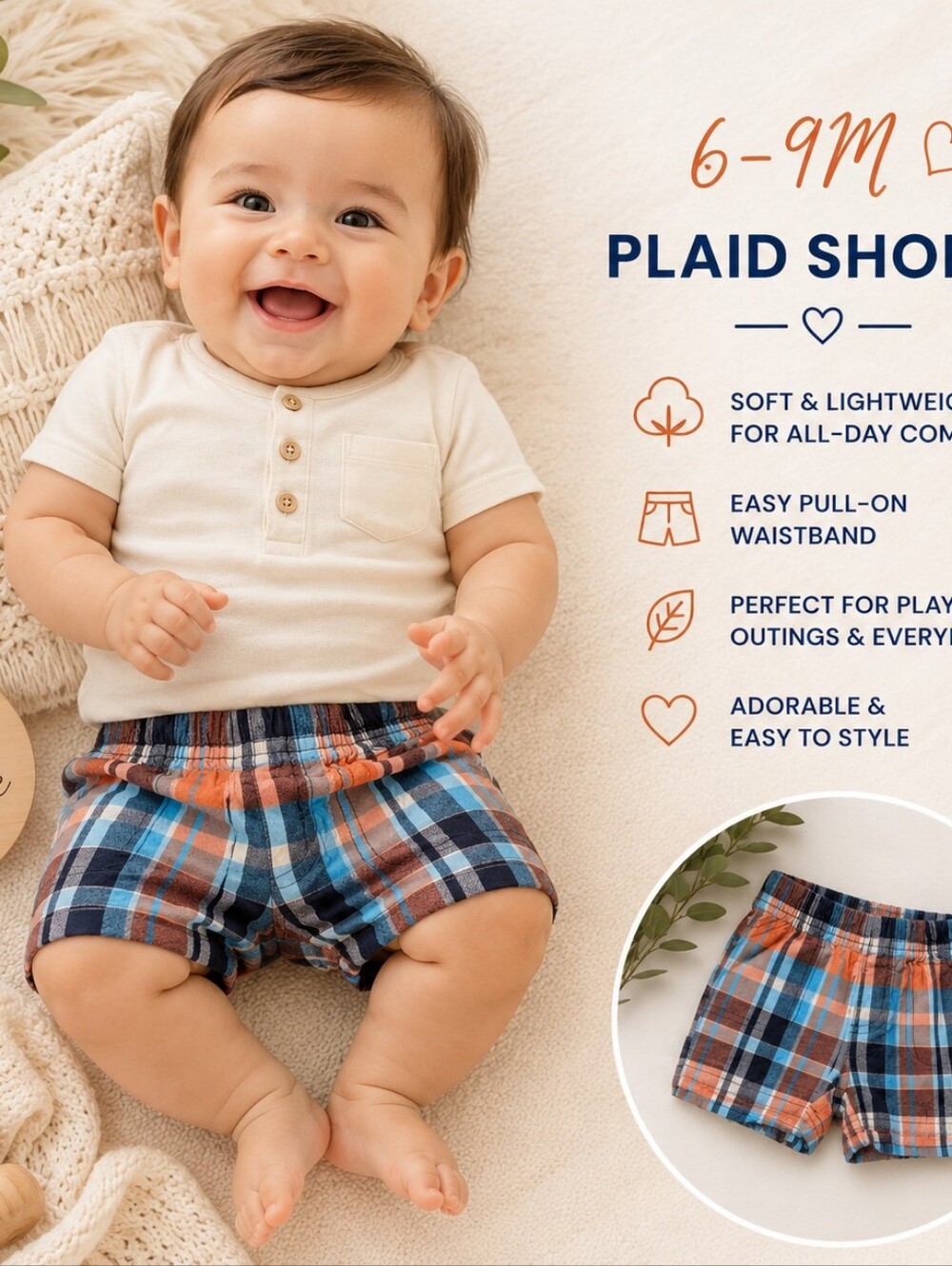 Carter’s Plaid Shorts 6M Baby Boy | Cotton Pull-On Shorts | Blue Coral Plaid